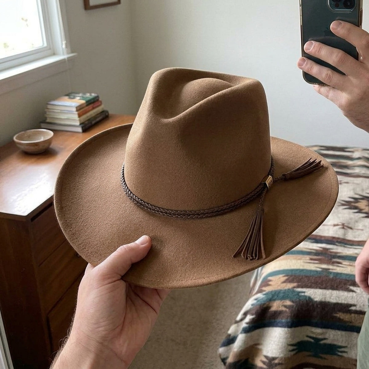 Camel Wool Felt Cowboy Hat with Braided Rope Tassel Band