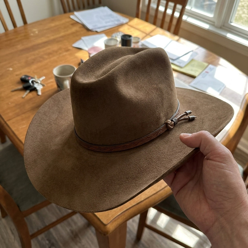 Classic Brown Felt Cowboy Hat Tooled Leather Band Knot