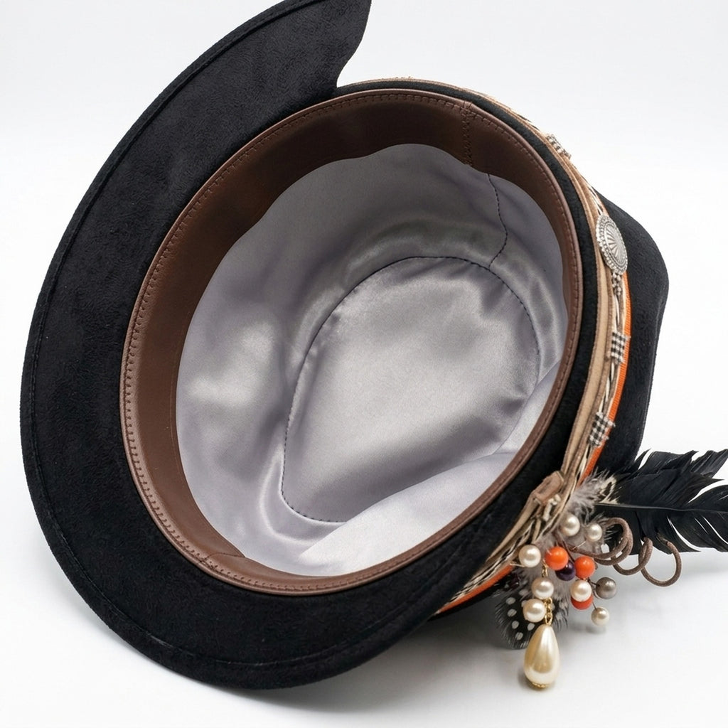 Black Glam Fedora with Pearl Drop, Feathers and Orange Ribbon