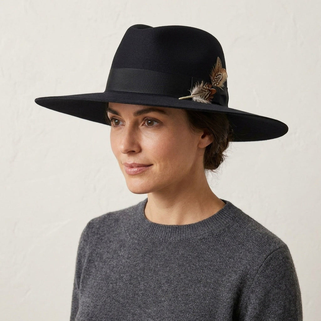 Black Wide Brim Wool Felt Fedora Hat with Feather Accent