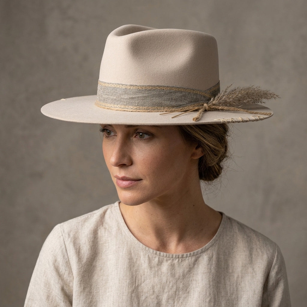 Sand Felt Fedora With Linen Band And Wheat Stem Accent