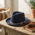 Navy Blue Straw Fedora with Gray Ribbon and Bow Accent