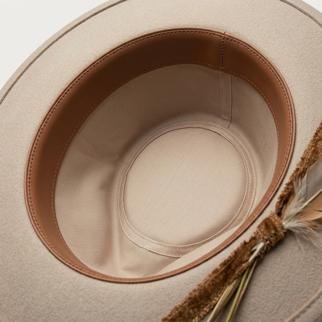 Beige Fedora with Cactus Skull Embroidery and Feather Accent
