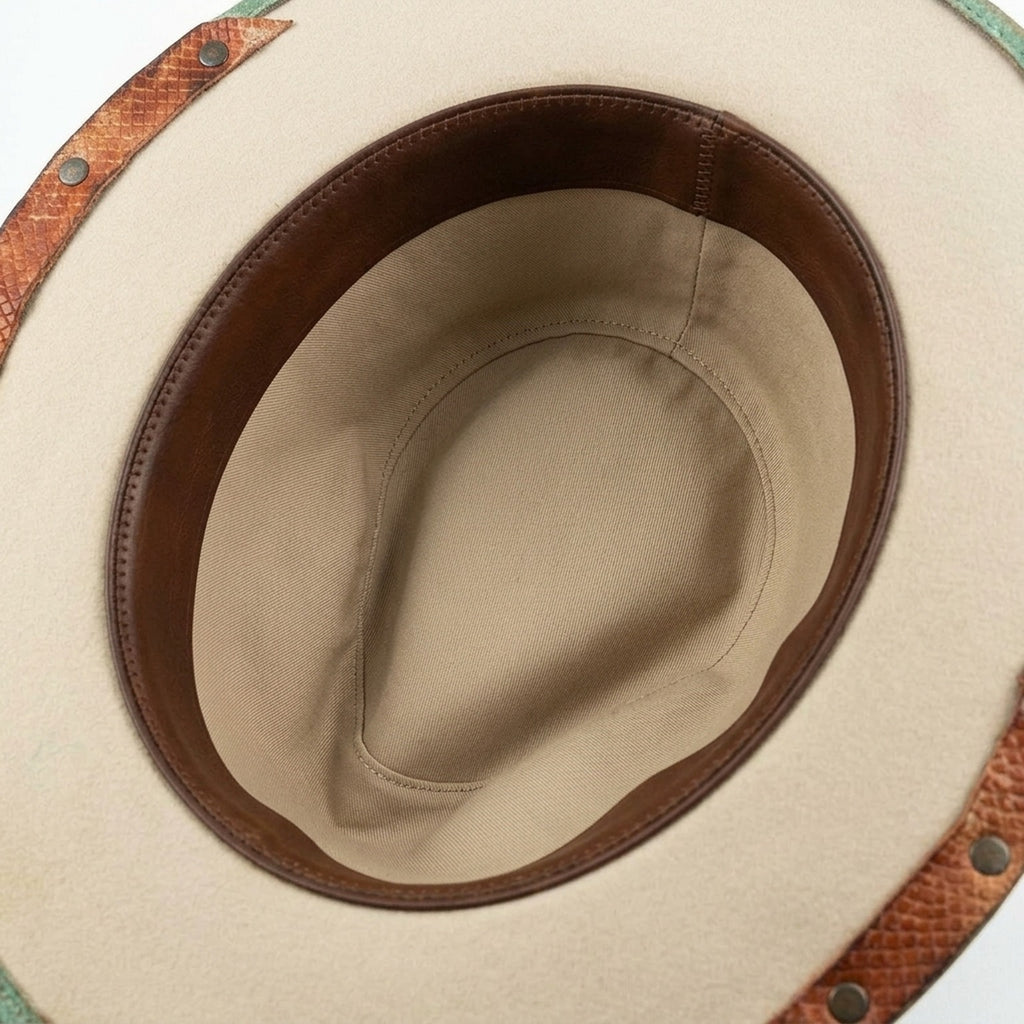 Patina Green Cowboy Hat with Rust Leather Patch and Feather