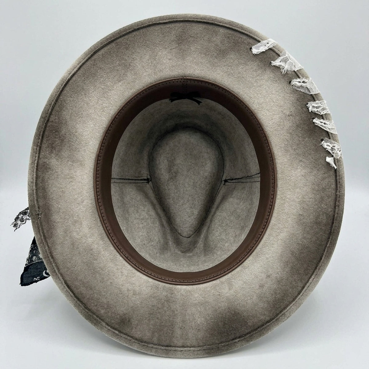 Distressed Beige Fedora with Bandana Scarf and Feather Accent