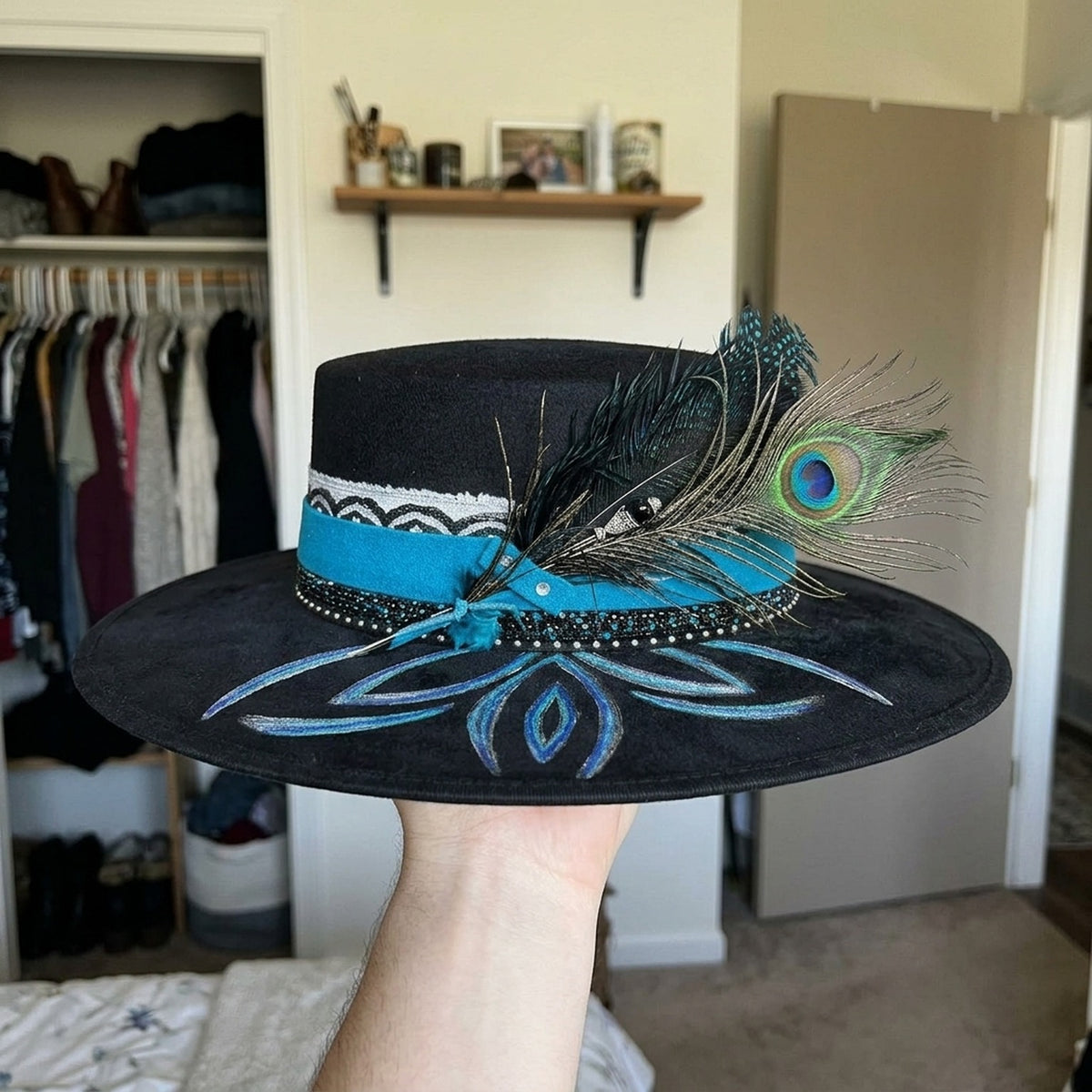 Black Wide-Brim Fedora with Peacock Feather and Turquoise Band
