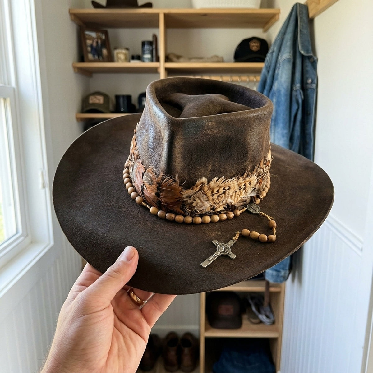 Brown Western Hat With Feather Band Rosary Cross Vintage Ranch Style