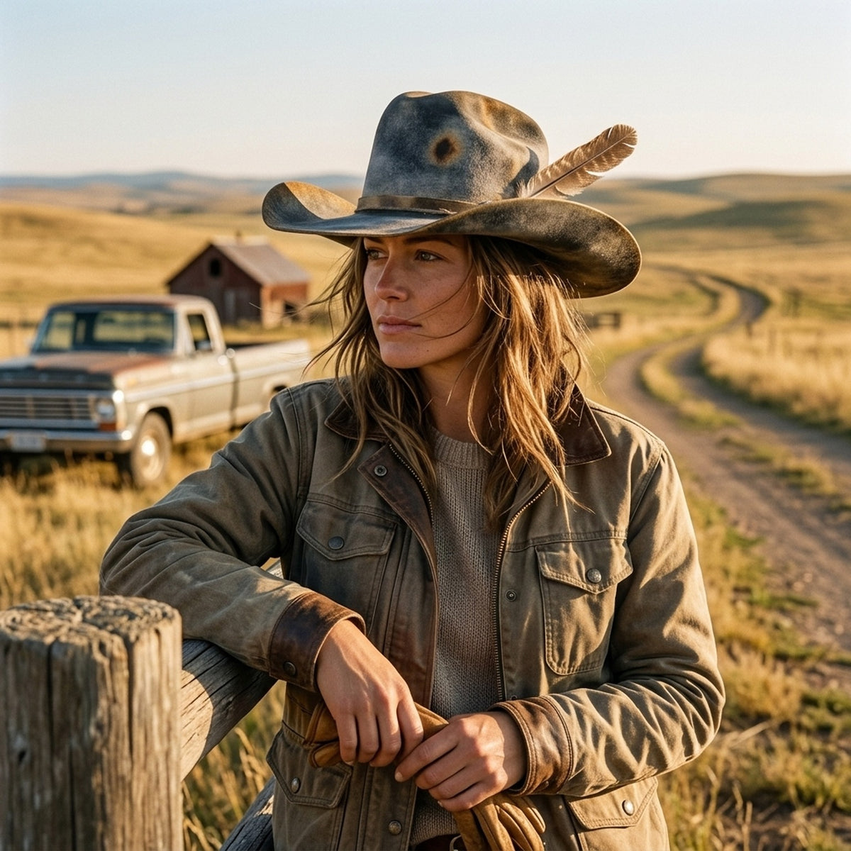 Distressed Gray Felt Cowboy Hat with Feather Concho Band