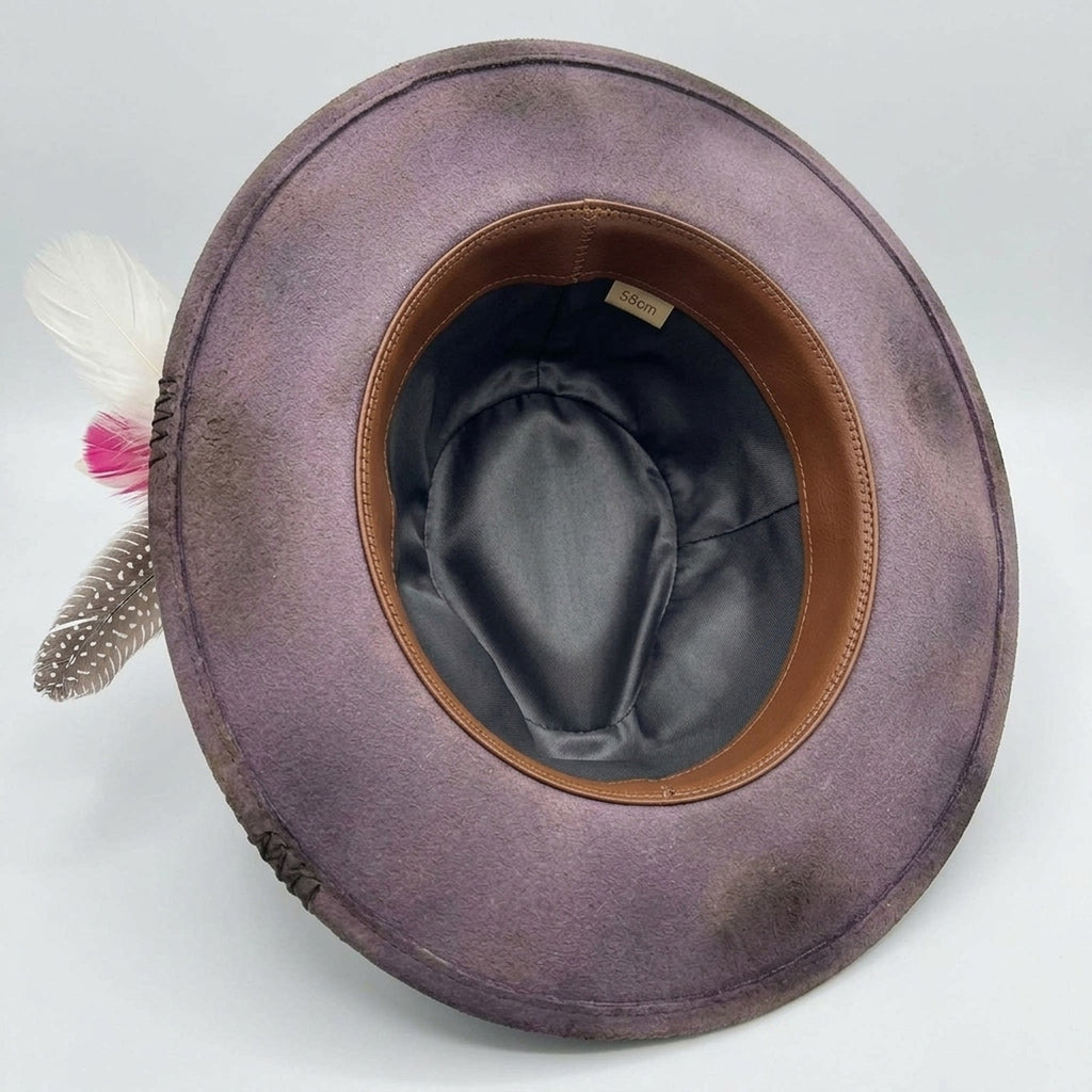 Mauve Felt Fedora Hat with Pink Feather and Chain Detail