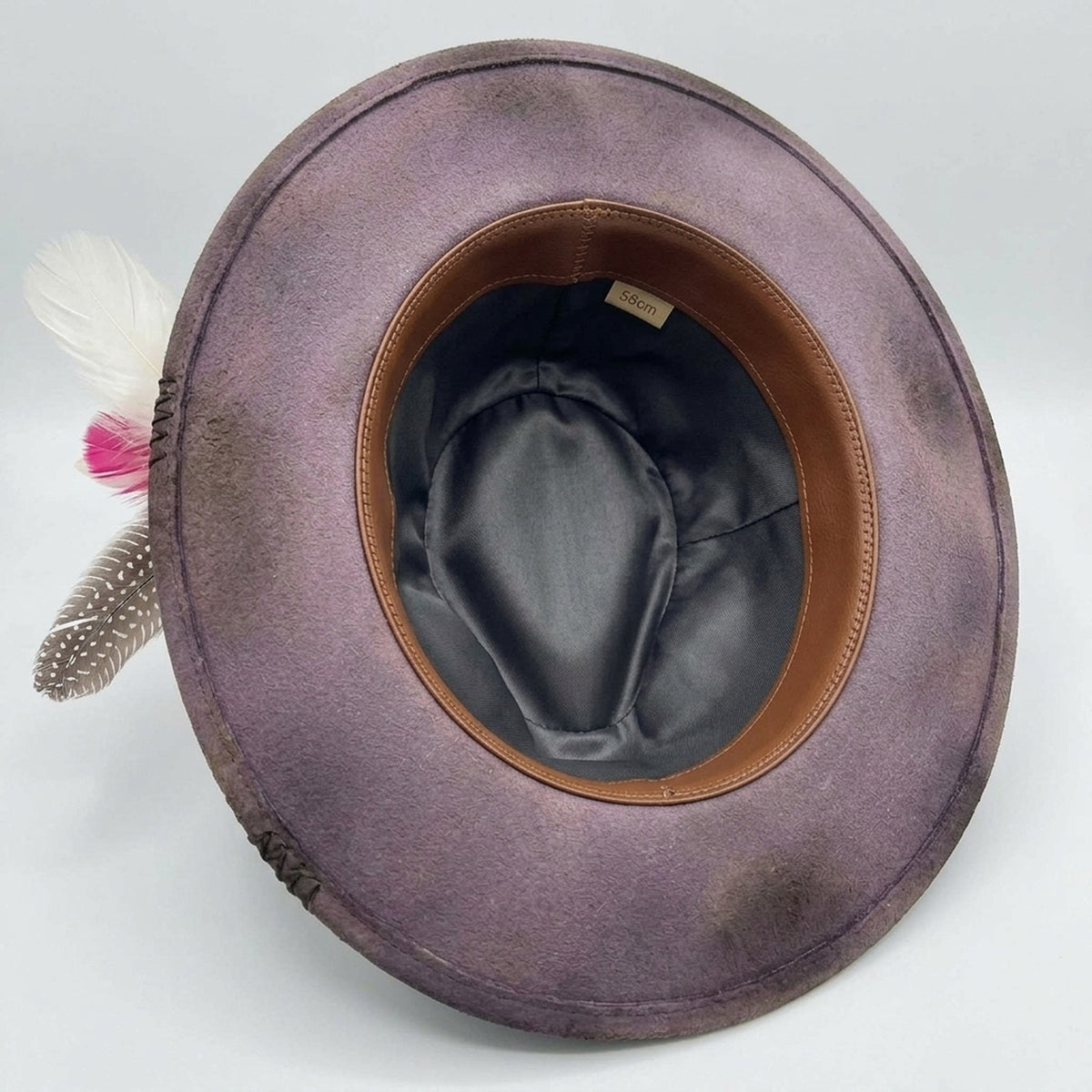 Mauve Felt Fedora Hat with Pink Feather and Chain Detail