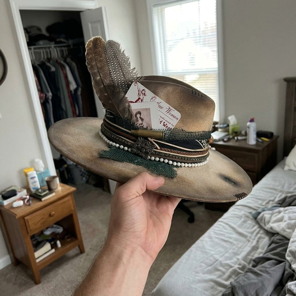 Tan Distressed Fedora with Feather, Pearls, and Vintage Card Accent