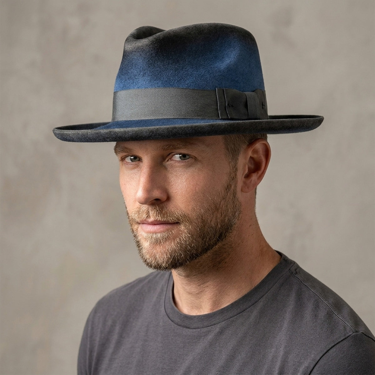 Two-Tone Blue Wool Fedora with Grey Ribbon Bow Detail