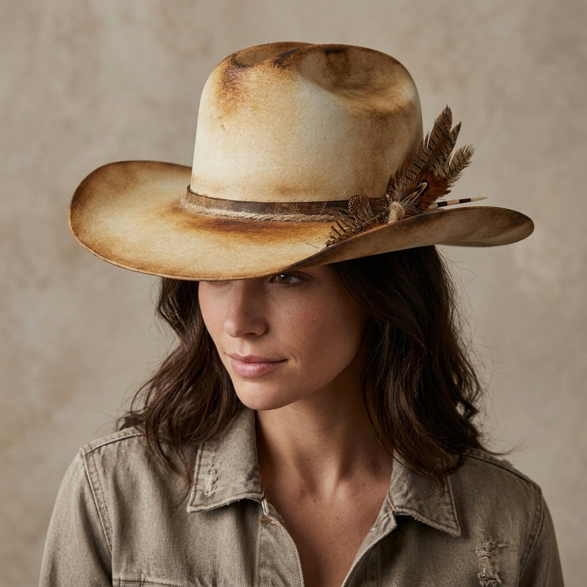 Vintage Tan Cowboy Hat with Pheasant Feather Cluster