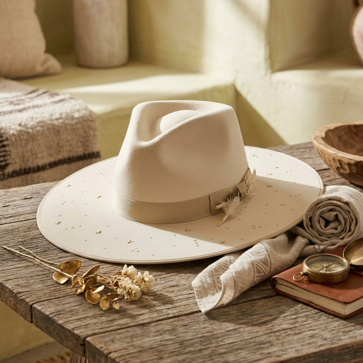Cream Wool Felt Fedora with Star Cutout Brim and Grosgrain Band