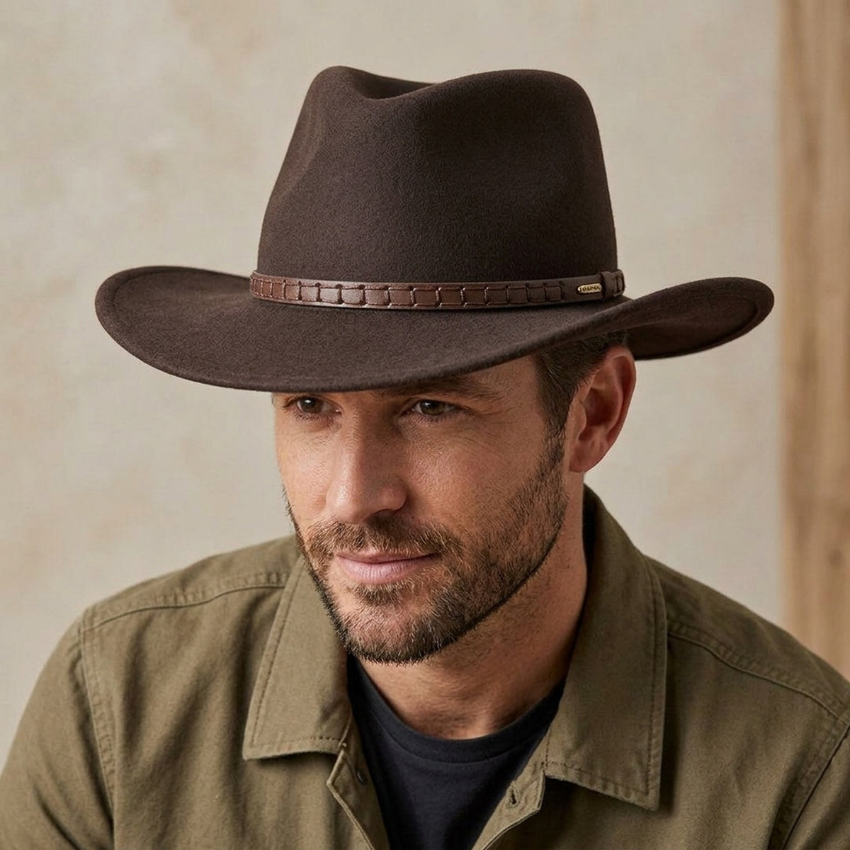 Dark Brown Felt Western Hat with Stitched Leather Hatband