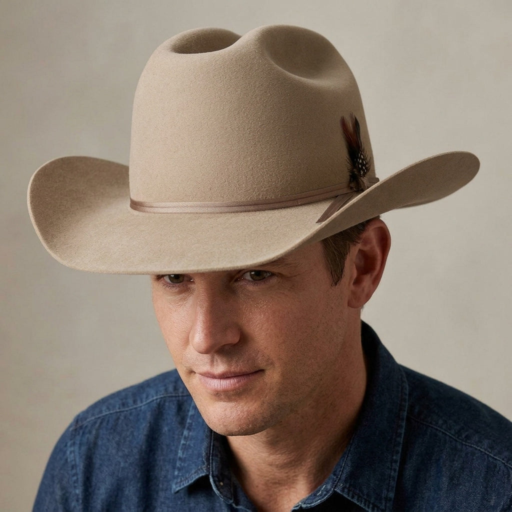 Beige Wool Felt Cowboy Hat with Feather Accent