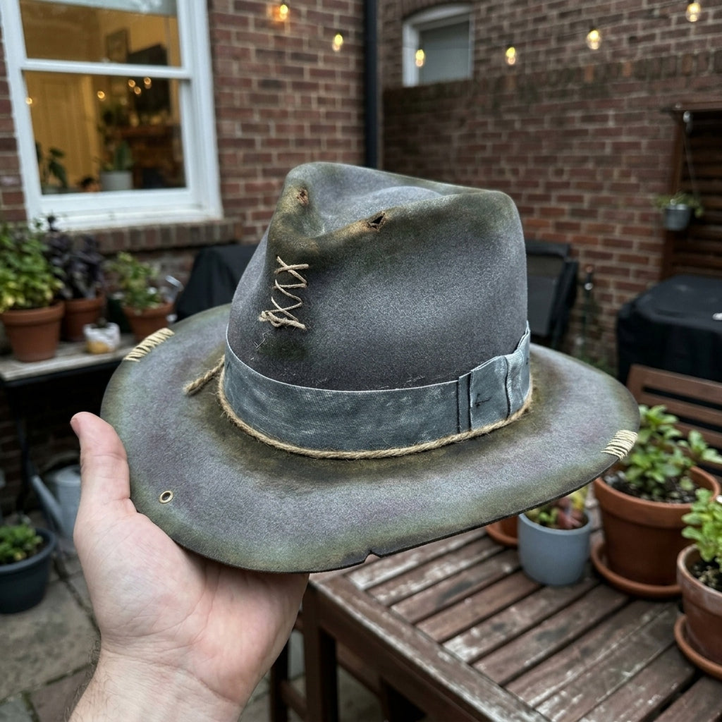 Olive Distressed Western Hat With Raffia Band And Lace-Up Crown