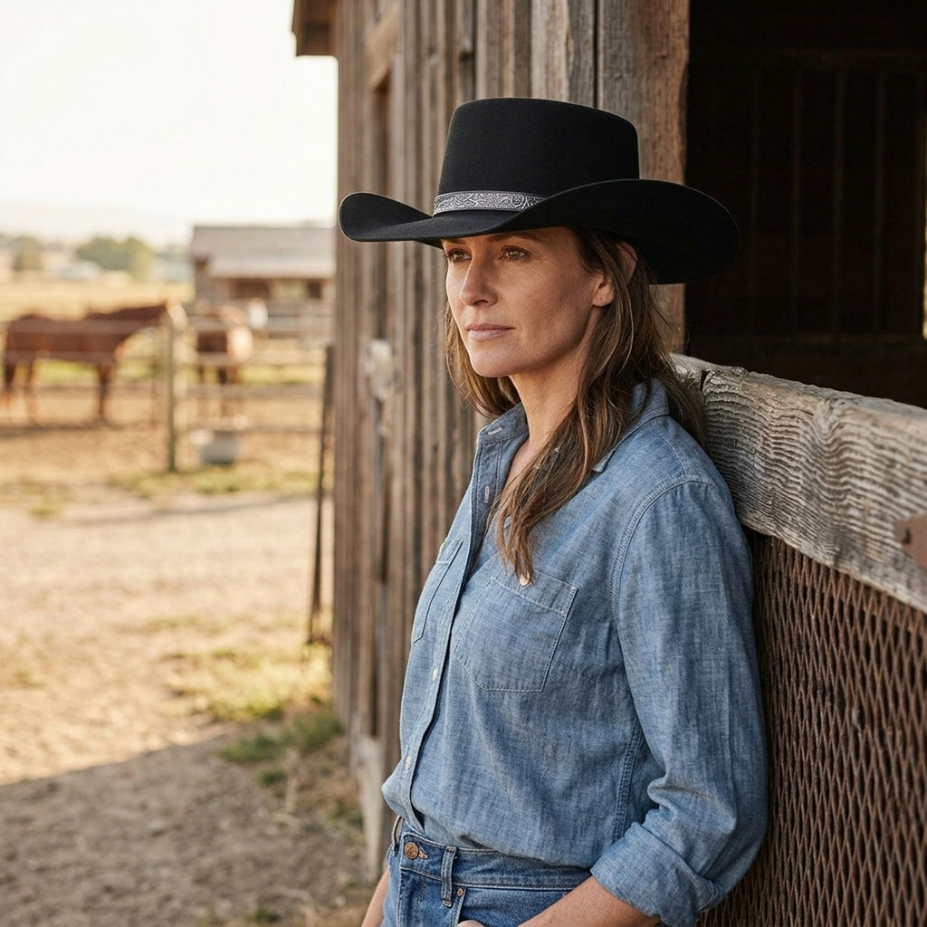 Black Flat Crown Western Hat With Embossed Band