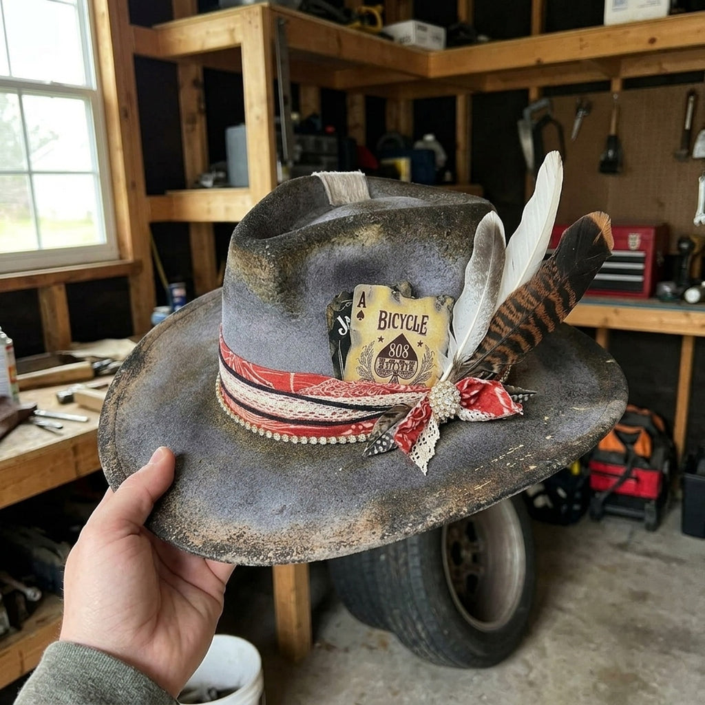 Western Fedora with Bicycle Card, Bandana and Feathers