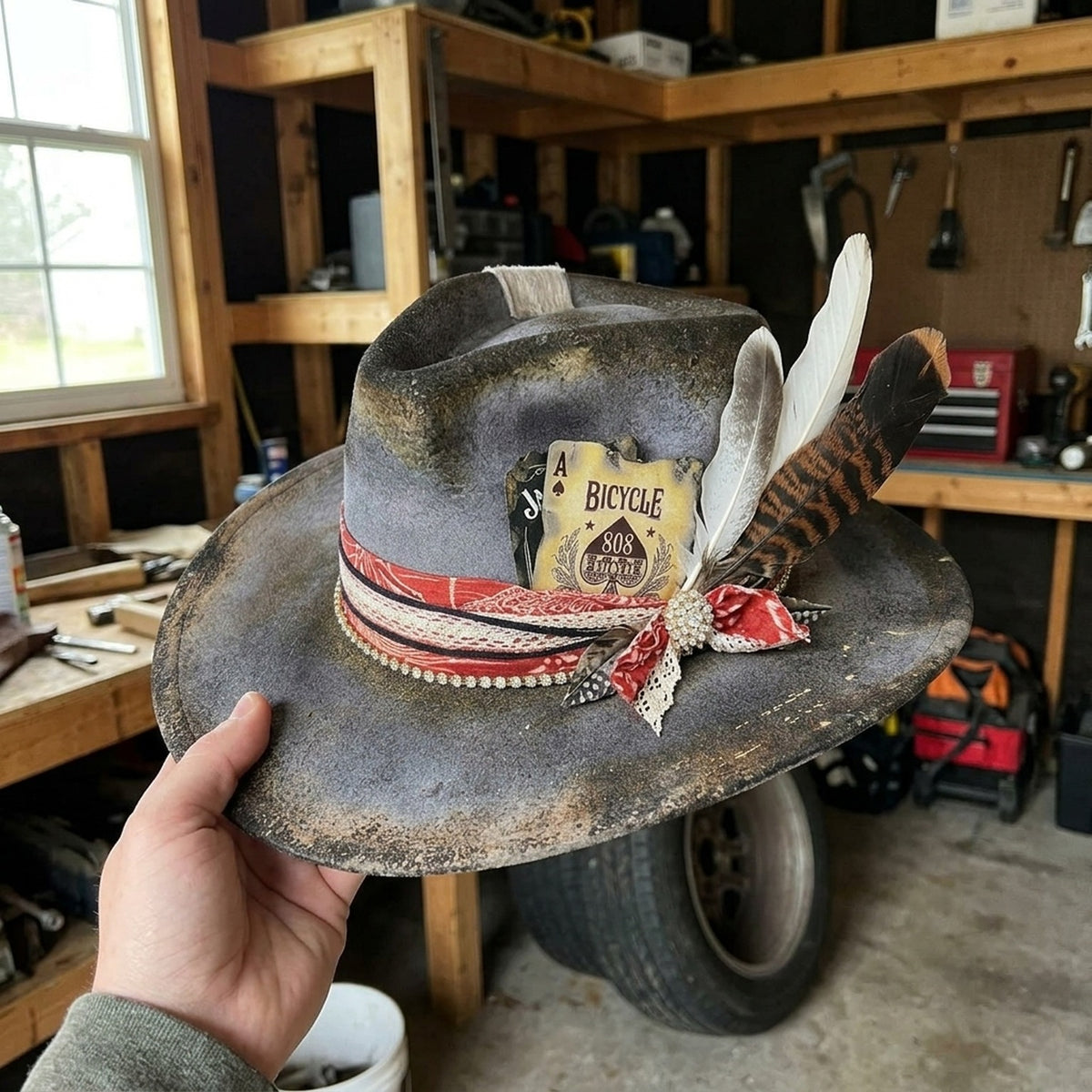 Western Fedora with Bicycle Card, Bandana and Feathers