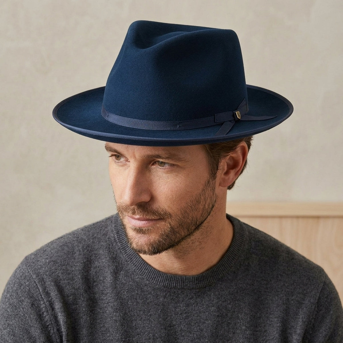 Navy Blue Felt Fedora Hat with Grosgrain Band - Classic