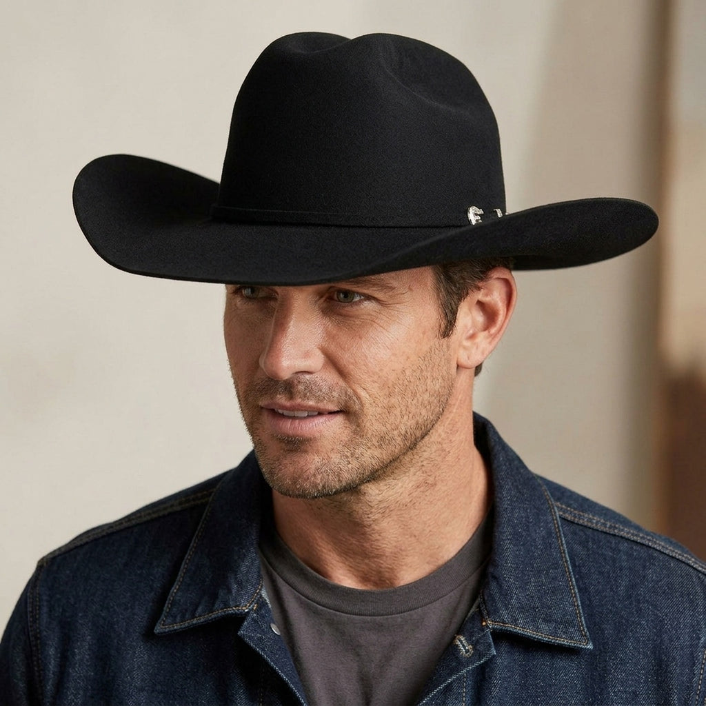 Unisex Black Wool Felt Cowboy Hat with Silver Concho Detail