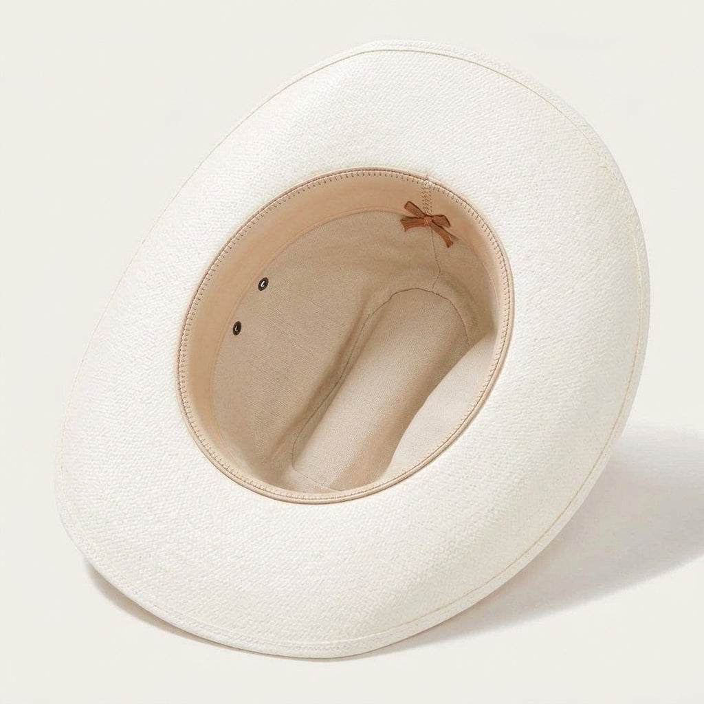 White Straw Cowboy Hat with Pinched Crown and Black Tie Band