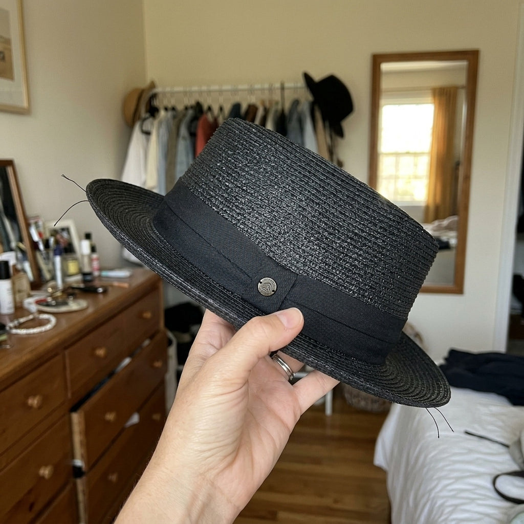 Black Straw Pork Pie Hat with Wide Brim and Flat Crown