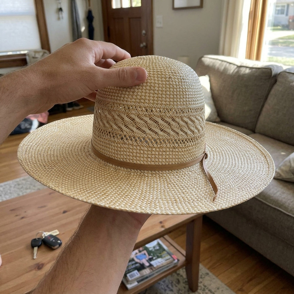 Tan Straw Sun Hat with Ventilated Crown and Grosgrain Band