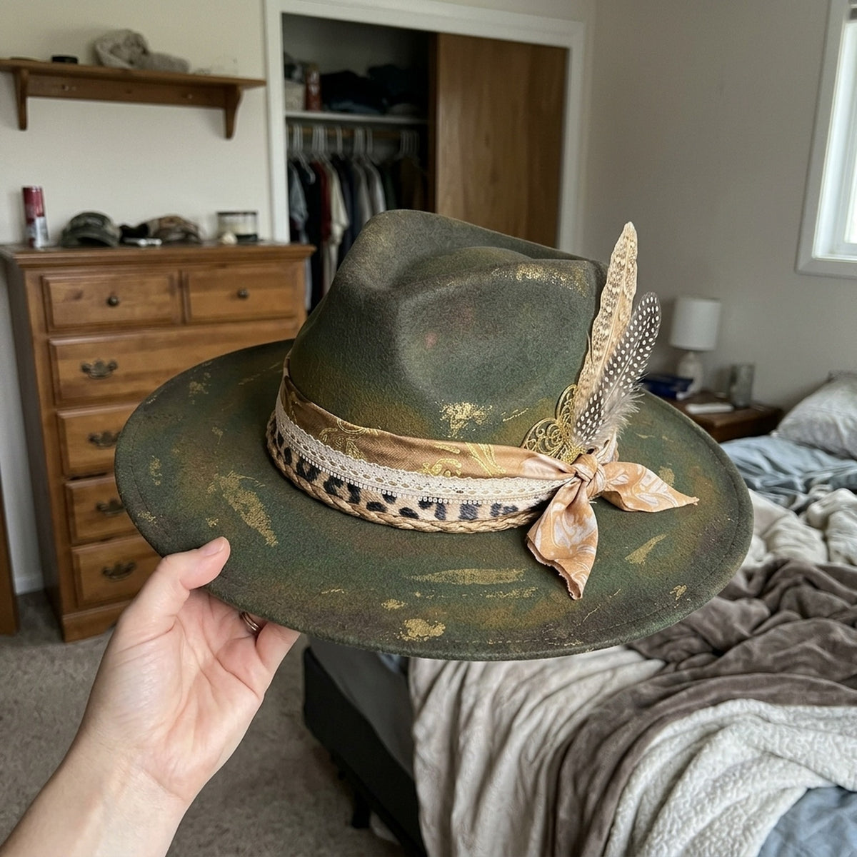 Antique Olive Felt Fedora with Leopard Trim and Feather Accent