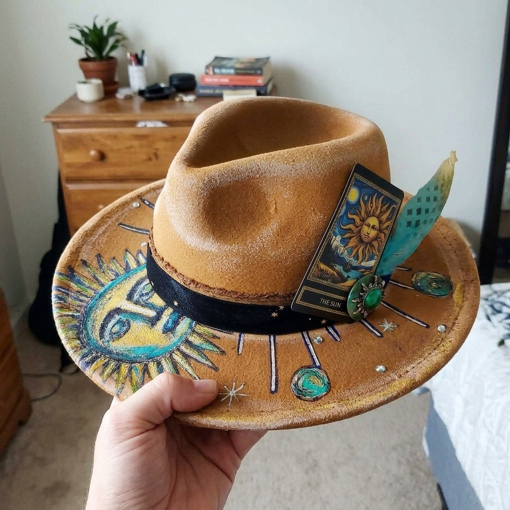 Hand-Painted Sun and Moon Fedora in Copper Rust Vegan Leather