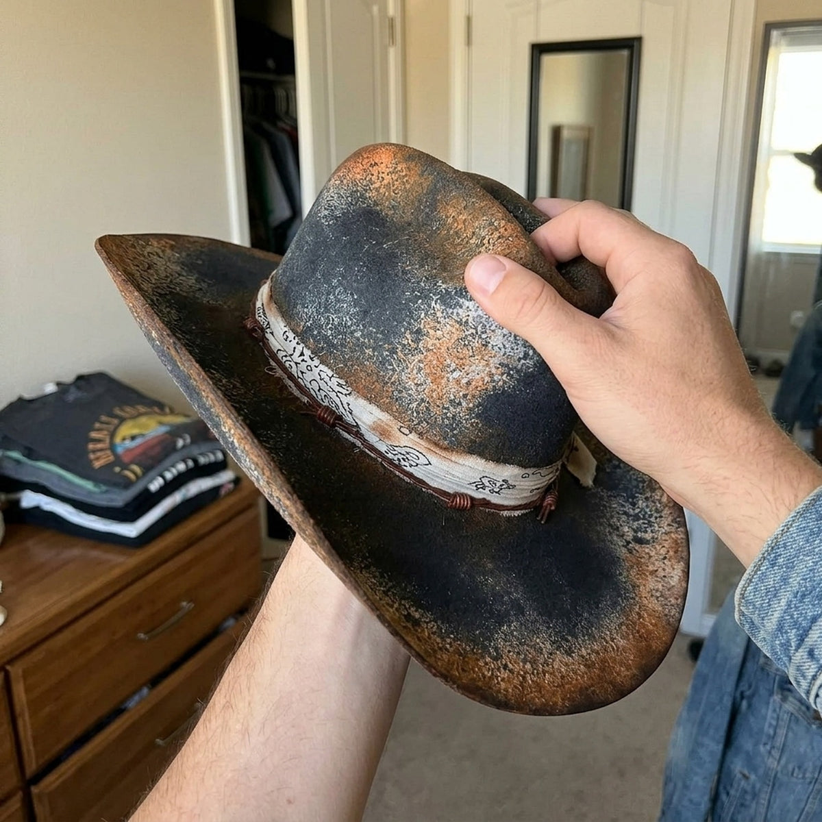 Distressed Rust Black Felt Western Hat with Bandana Wrap