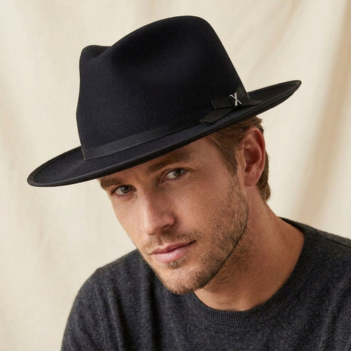 Black Felt Fedora with Grosgrain Band and Feather Accent