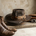 Brown Western Hat With Feather Band Rosary Cross Vintage Ranch Style