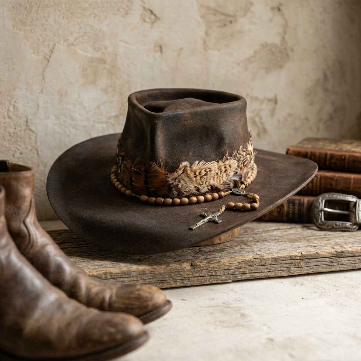 Brown Western Hat With Feather Band Rosary Cross Vintage Ranch Style