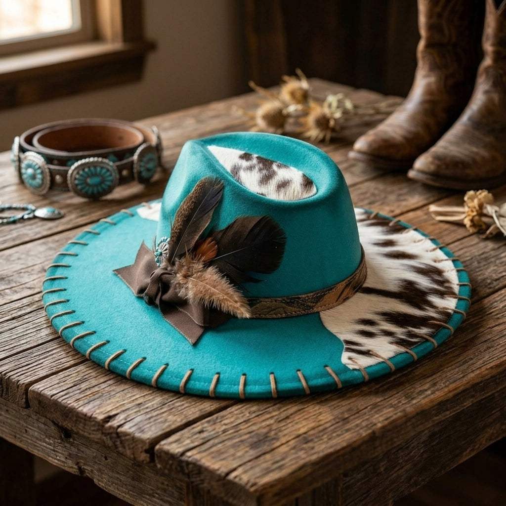 Teal Satin Cowboy Hat with Cow Print Brim and Feather Cluster
