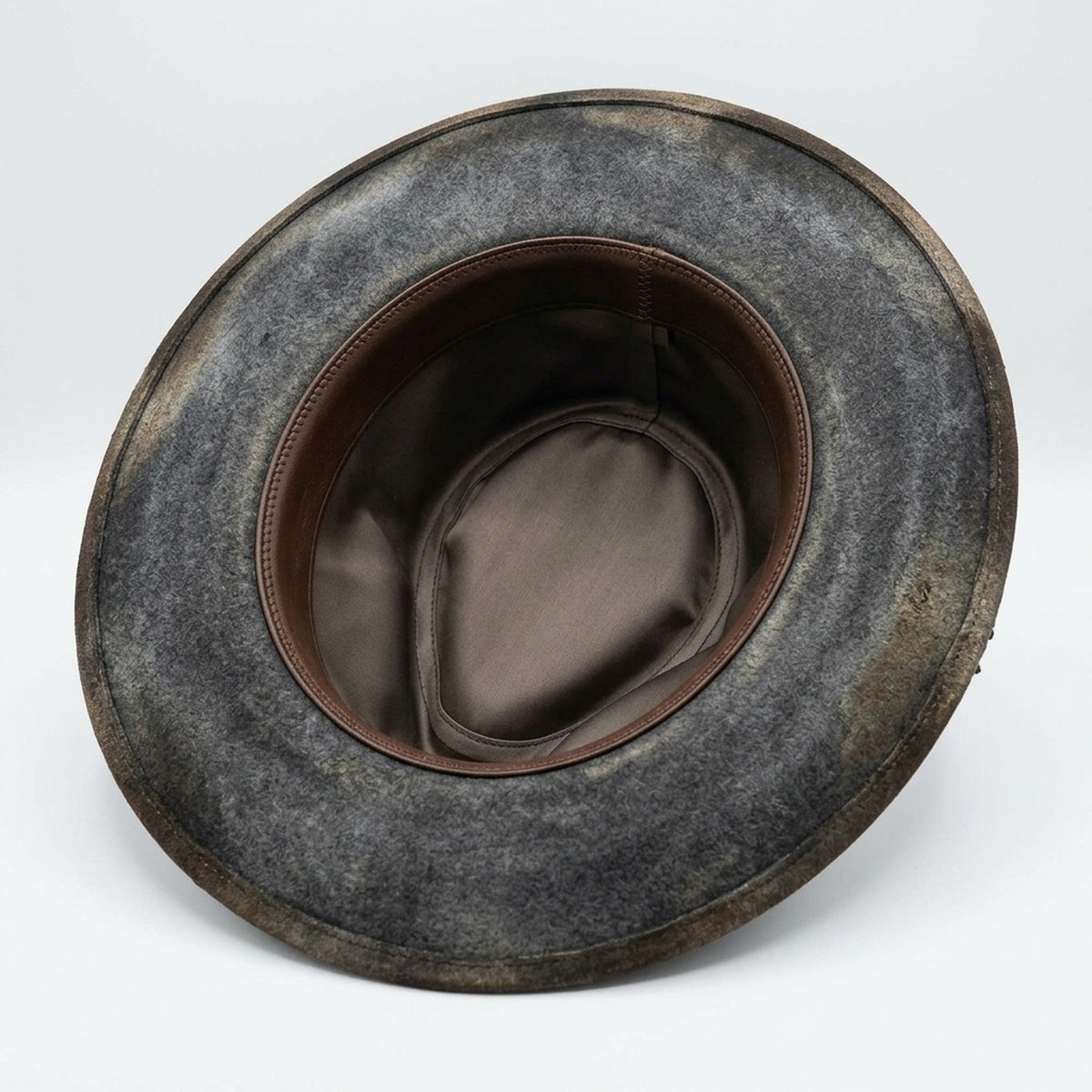 Distressed Brown Felt Fedora with Embossed Green Leather Band