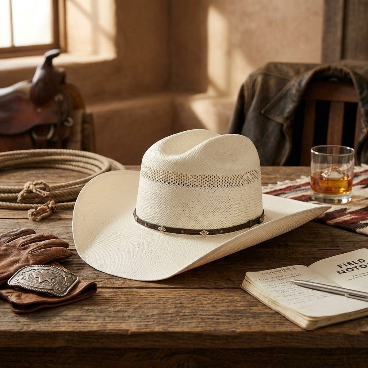 Ivory Straw Western Hat with Diamond Stud Band and Beads