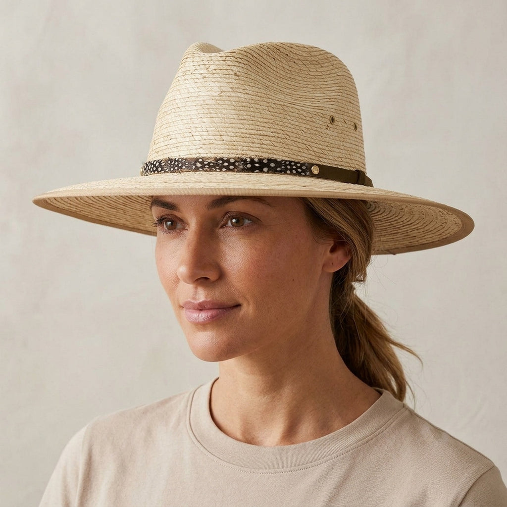 Natural Straw Sun Hat with Feather Band and Wide Brim Crown