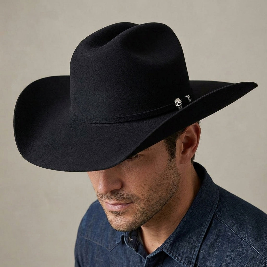 Black Felt Cowboy Hat with Silver Pin Accent - Western Hat
