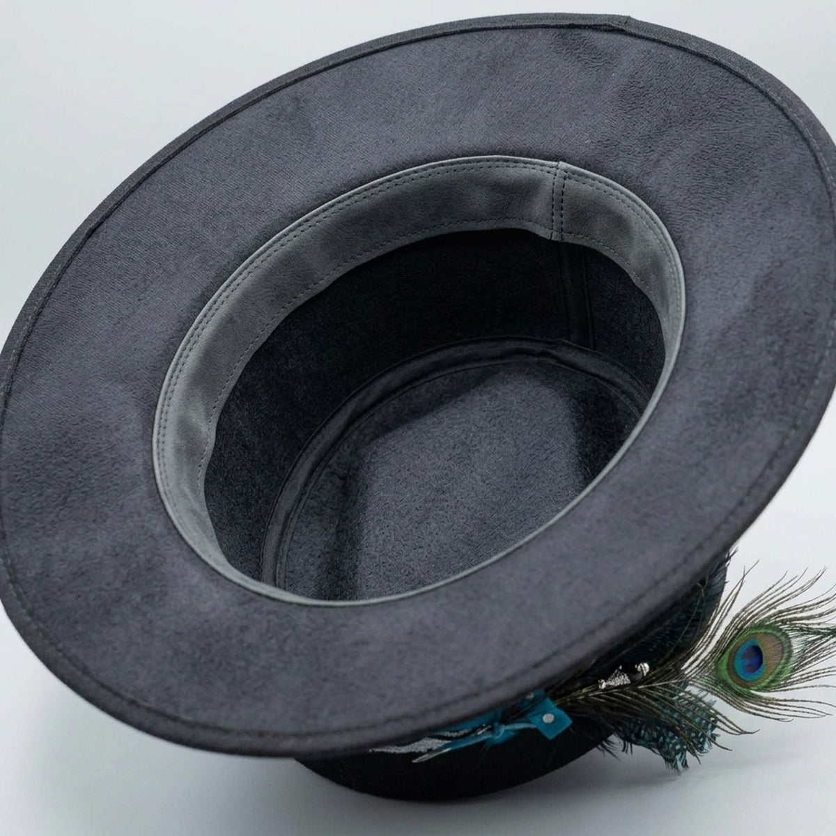 Black Wide-Brim Fedora with Peacock Feather and Turquoise Band
