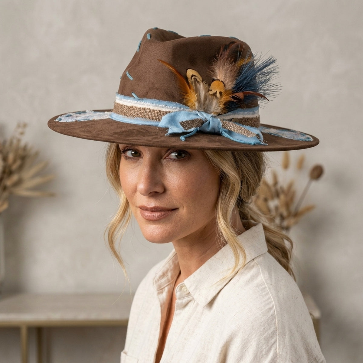 Brown Felt Fedora Hat with Patterned Fabric Wrap and Feathers