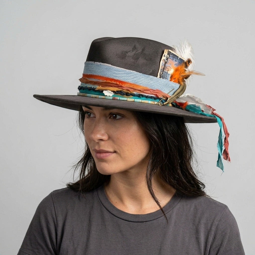 Brown Fedora Hat with Denim Wrap Band and Mixed Feathers