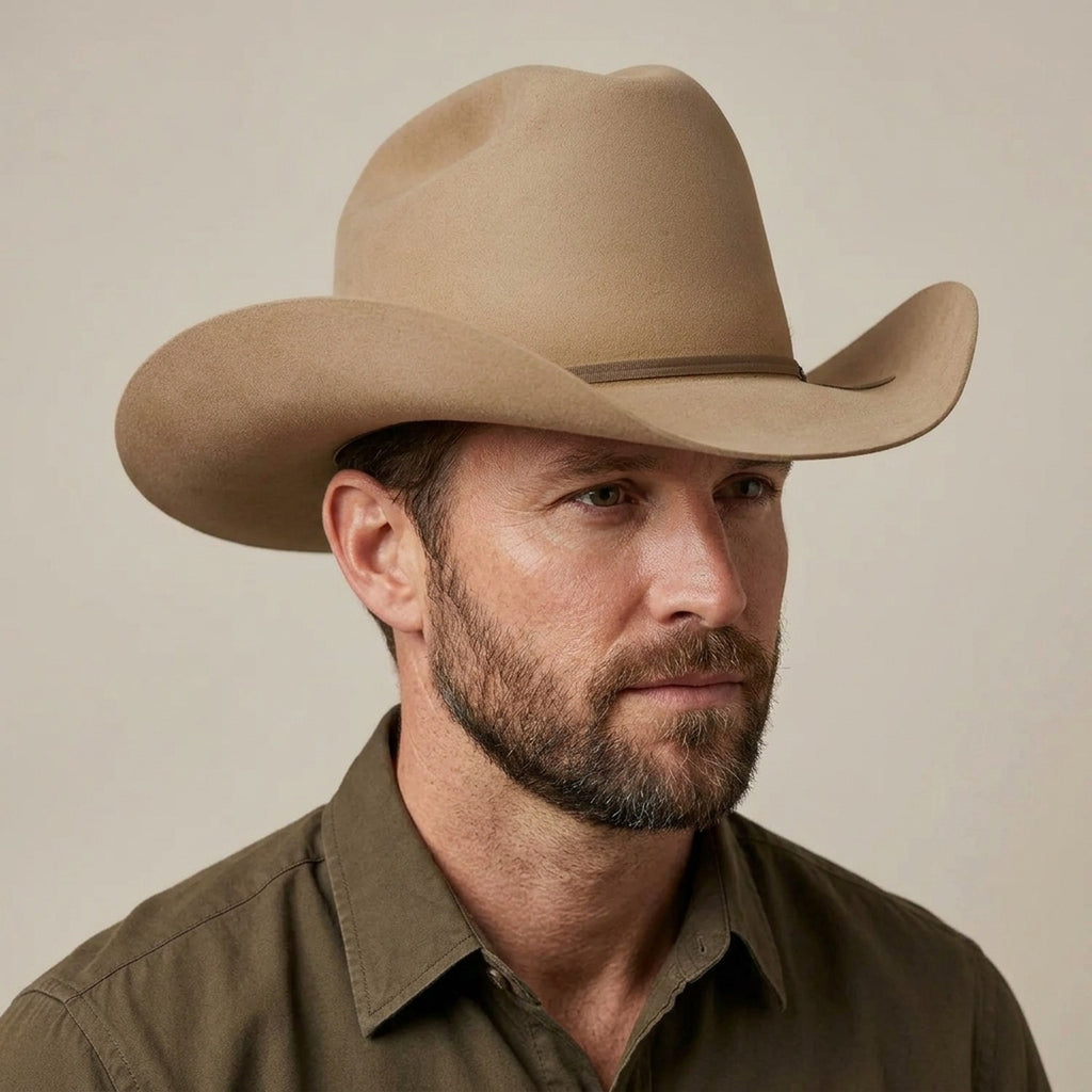 Tan Wool Felt Cowboy Hat with Feather Accent Ribbon Band