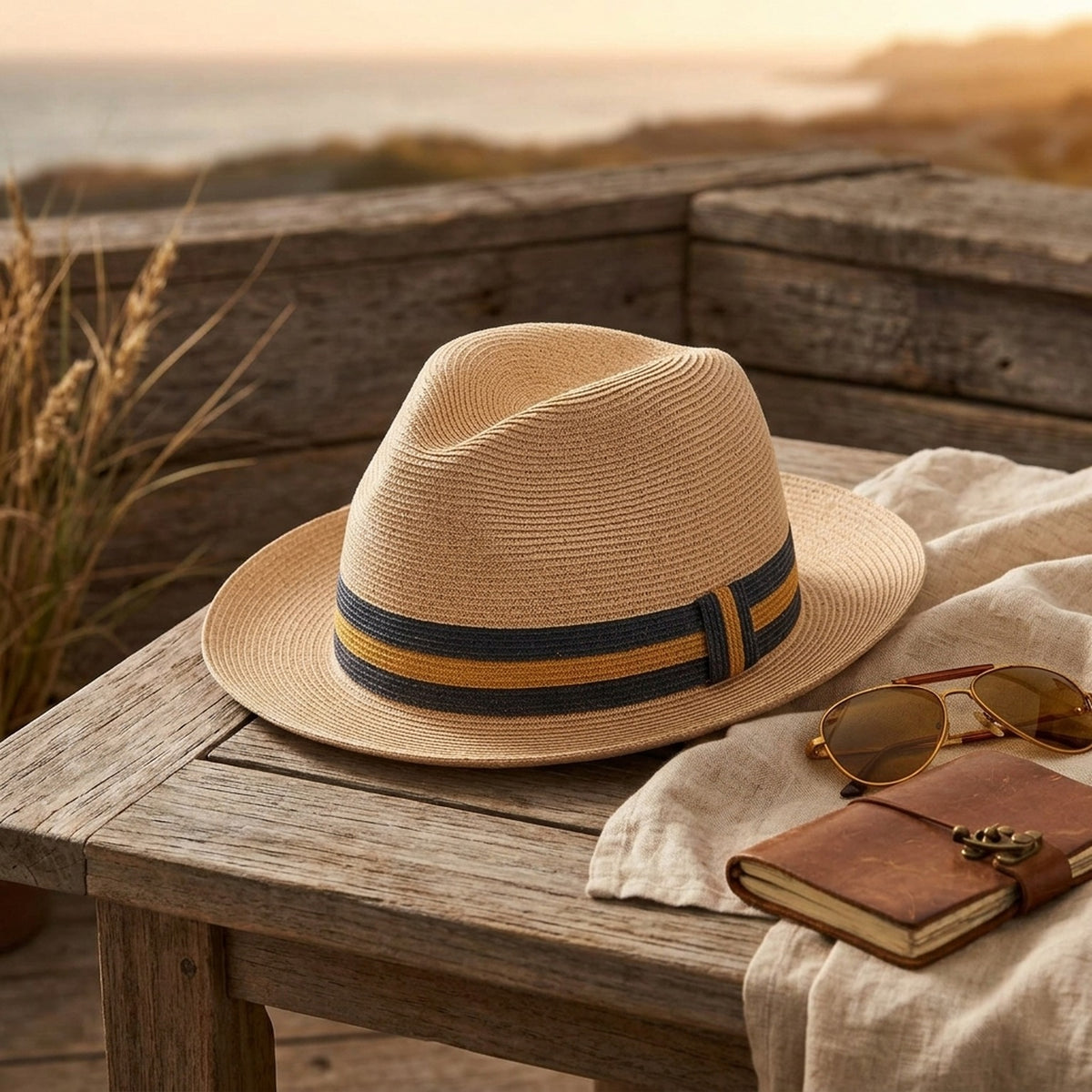 Tan Straw Fedora Hat with Navy and Mustard Striped Grosgrain Band