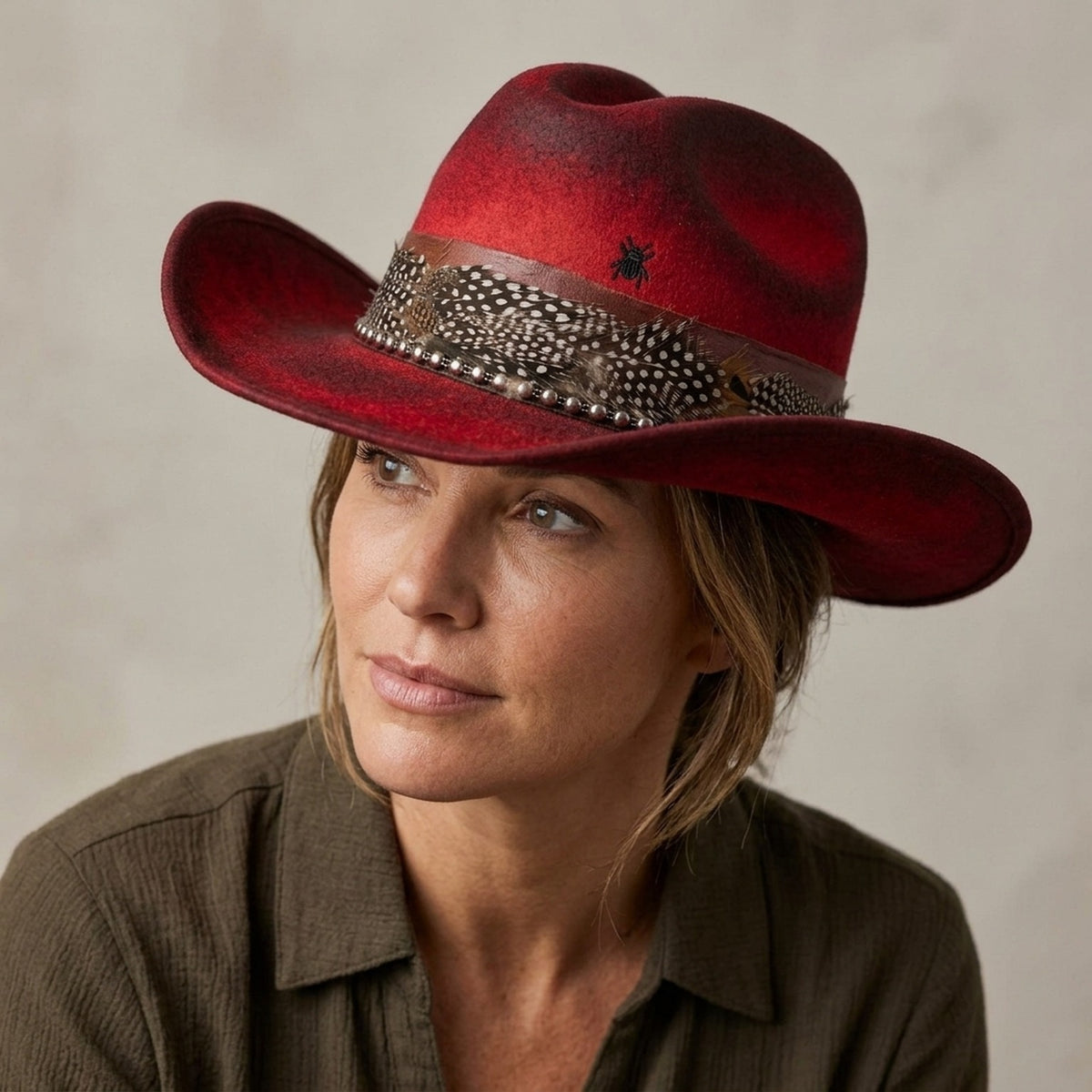 Red Western Hat Polka Dot Feather Silver Beads Bold Statement Ranch