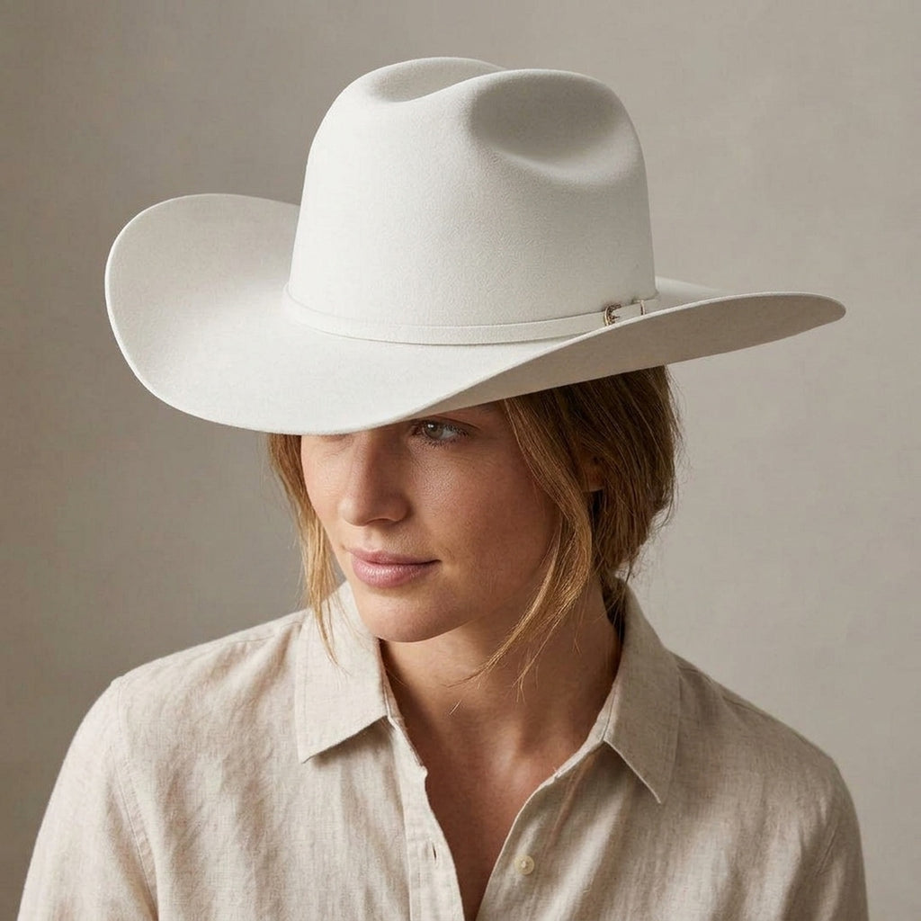 White Wool Felt Cowboy Hat with Clean Band and Pin Accent