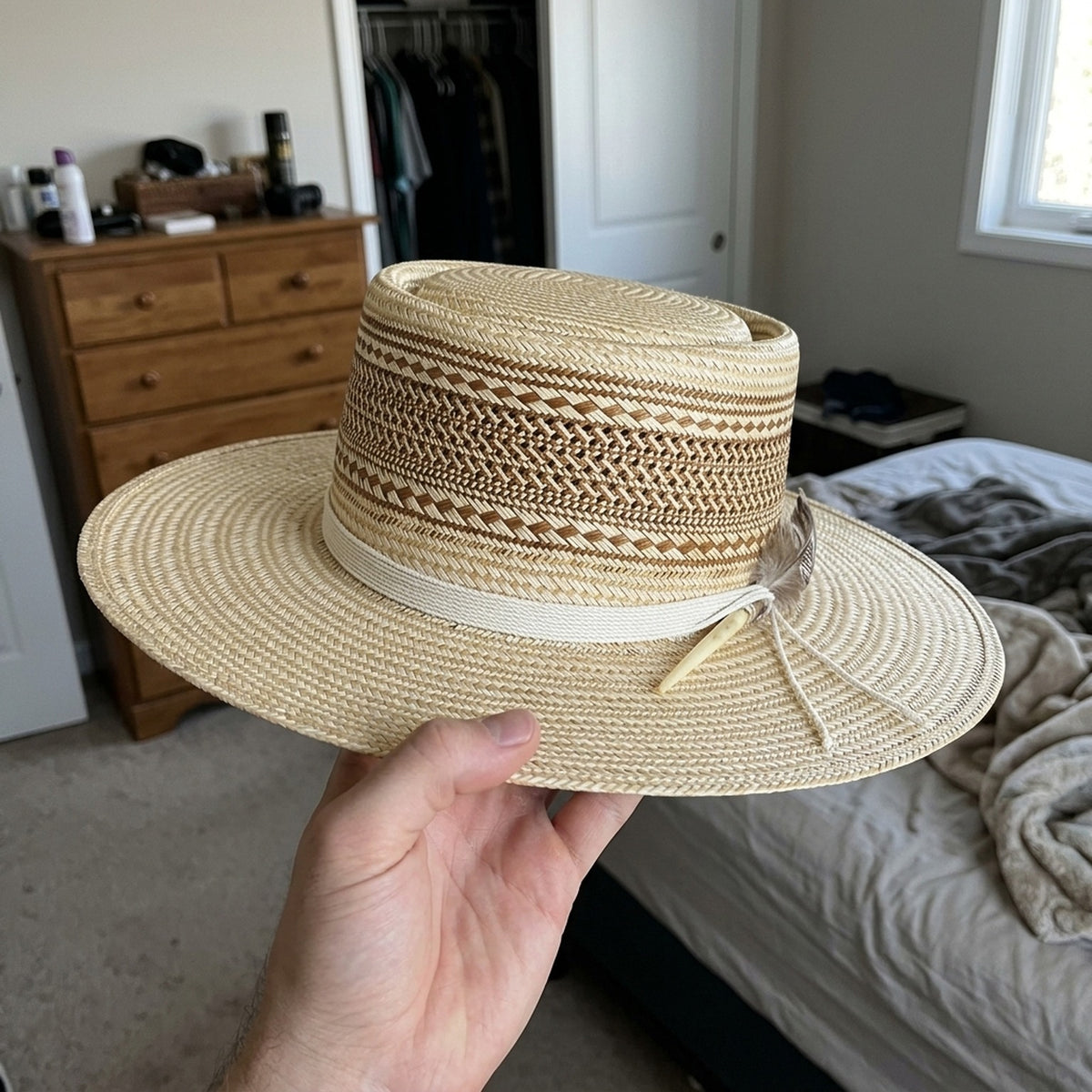 Natural Straw Boater Hat with Striped Weave and Flat Top Crown