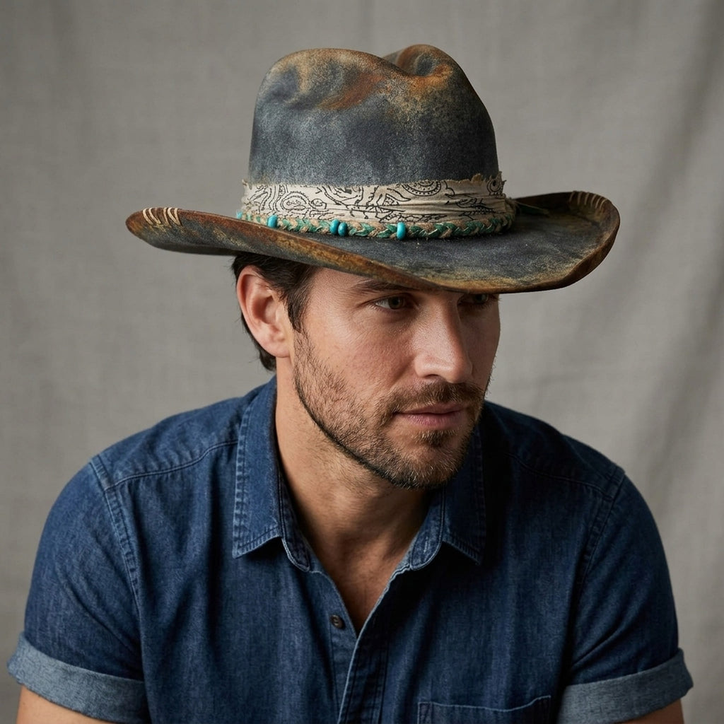 Vintage Distressed Western Hat with Paisley Beaded Band