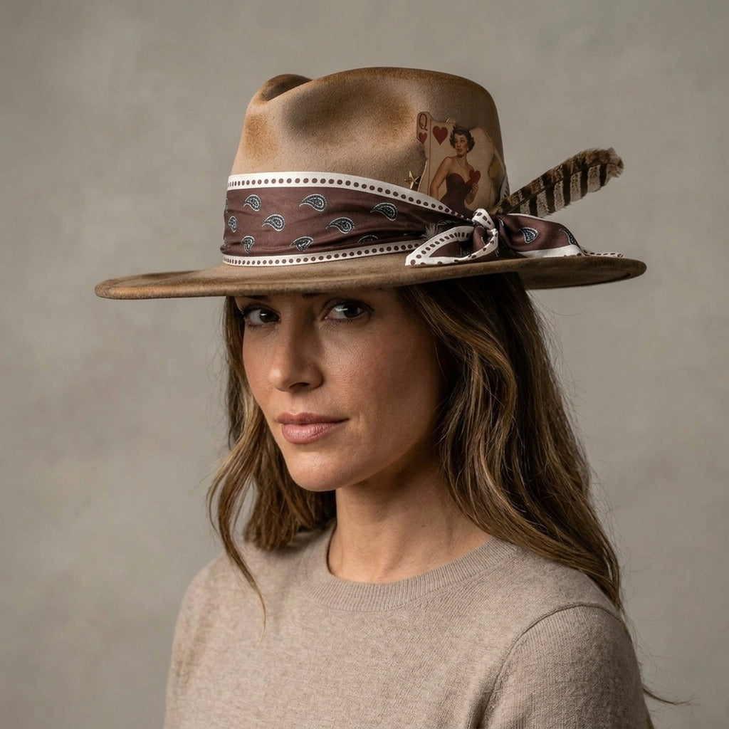 Taupe Felt Fedora With Paisley Band Playing Cards And Star Charm